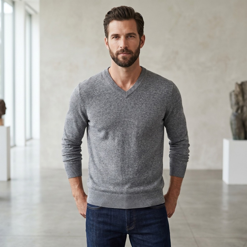 Banana Republic Sweater Mens Large Grey‎ Silk Linen V-Neck Long Sleeve Heathered